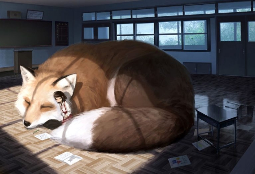Japanese illustrator imagines a world where people live among giant animals
