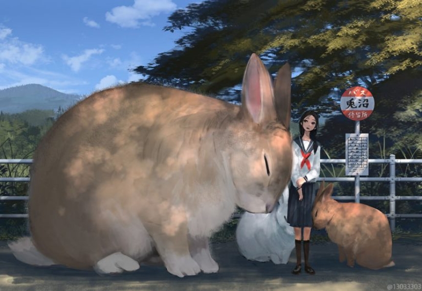 Japanese illustrator imagines a world where people live among giant animals
