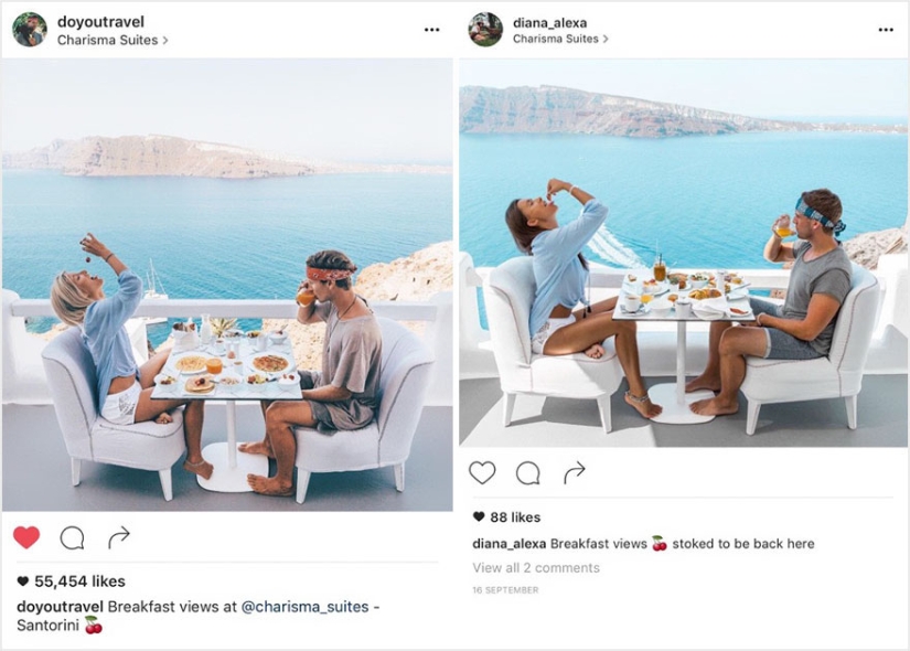 La pareja descubrió que alguien estaba copiando sus fotos exactamente de sus viajes a Instagram