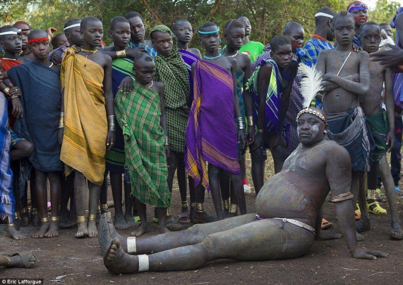 Men of an Ethiopian tribe drink blood with milk to get the title of the fattest resident of the village