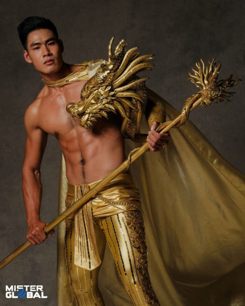 Mister Global 2021 contestants dressed in national costumes and look like video game bosses