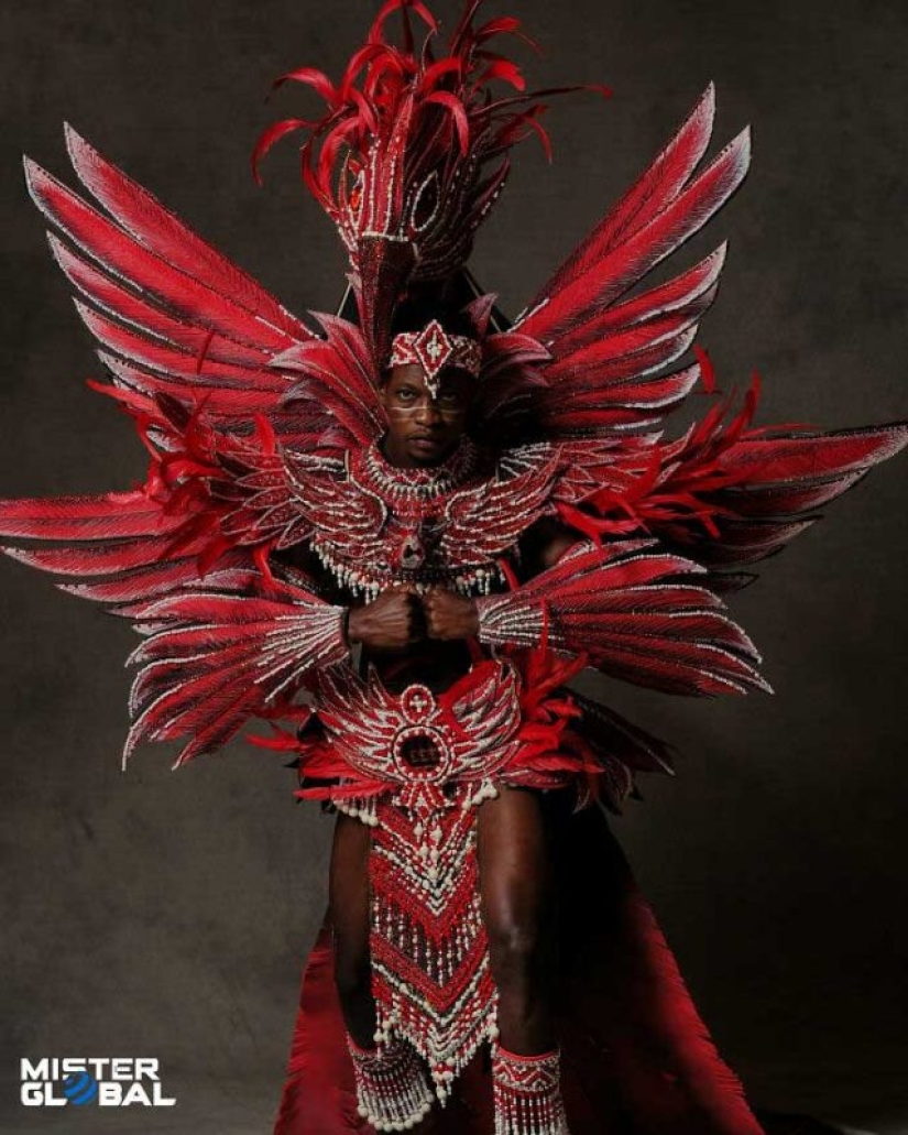 Mister Global 2021 contestants dressed in national costumes and look like video game bosses