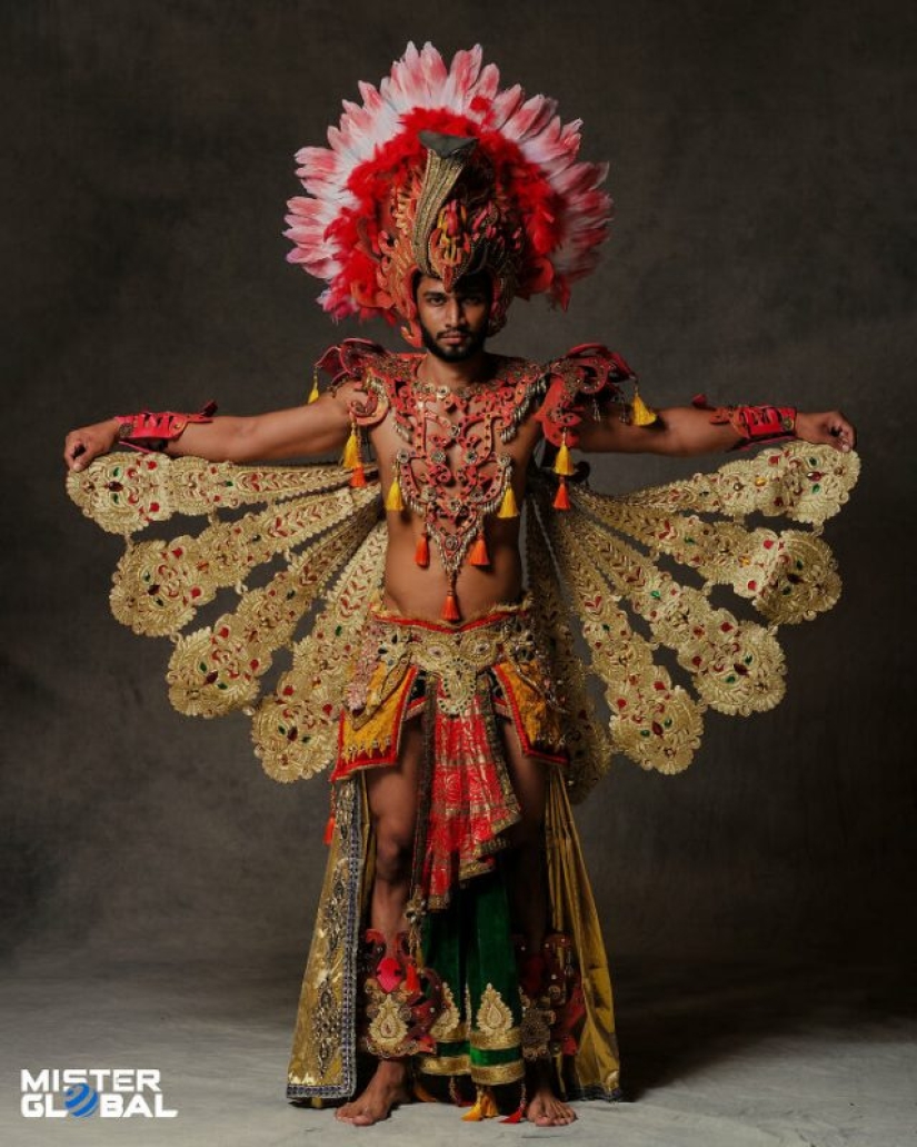 Mister Global 2021 contestants dressed in national costumes and look like video game bosses