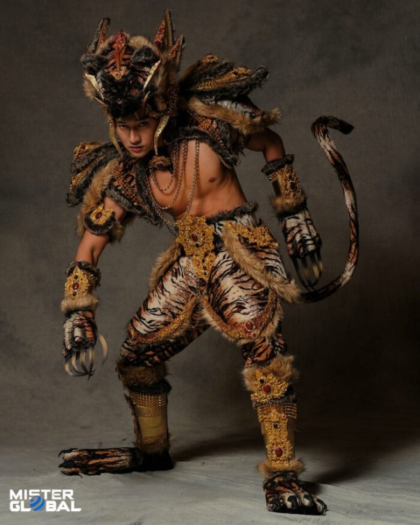 Mister Global 2021 contestants dressed in national costumes and look like video game bosses