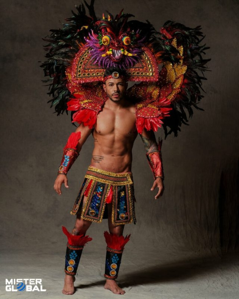 Mister Global 2021 contestants dressed in national costumes and look like video game bosses