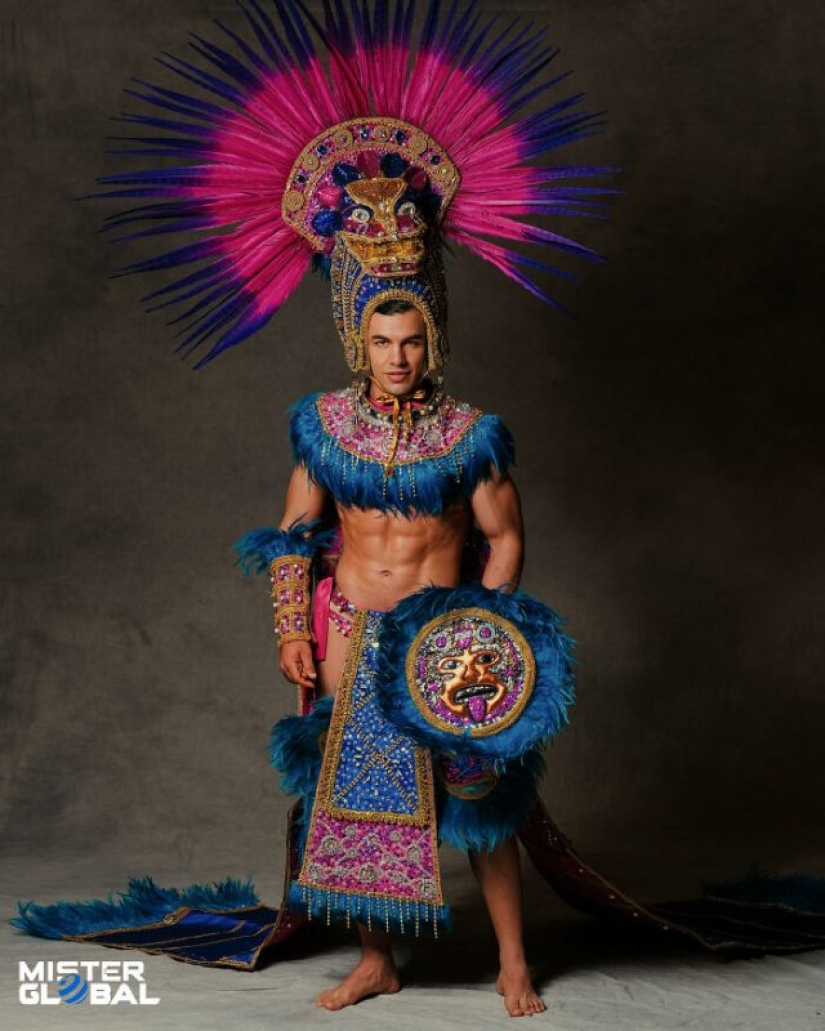 Mister Global 2021 contestants dressed in national costumes and look like video game bosses