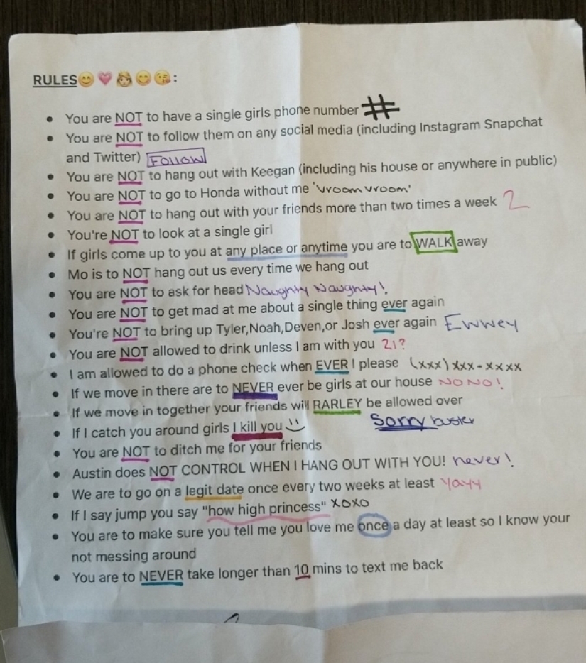 "Never get angry, confess your love to me every day": a girl has compiled a set of rules for her boyfriend