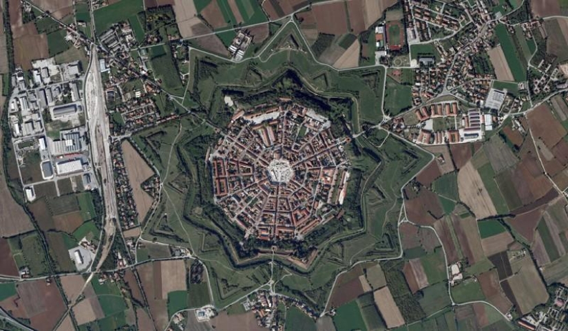 Palmanova is a symmetrical fortress city in Italy