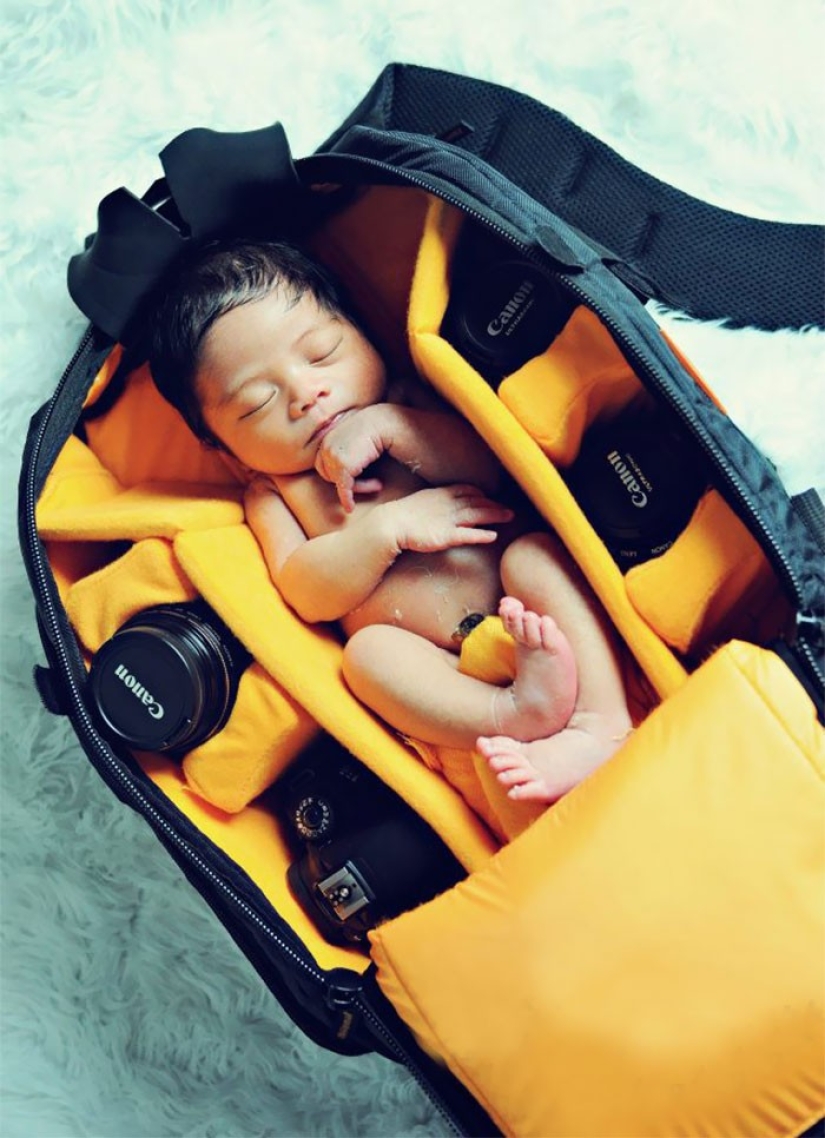 Photographers take pictures of their tiny children in photo bags