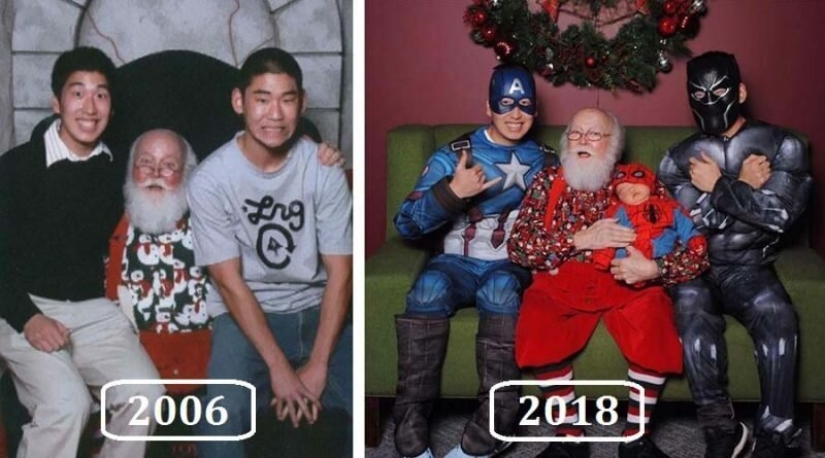 Photos with Santa from year to year: friends have been photographed in different images since 2006