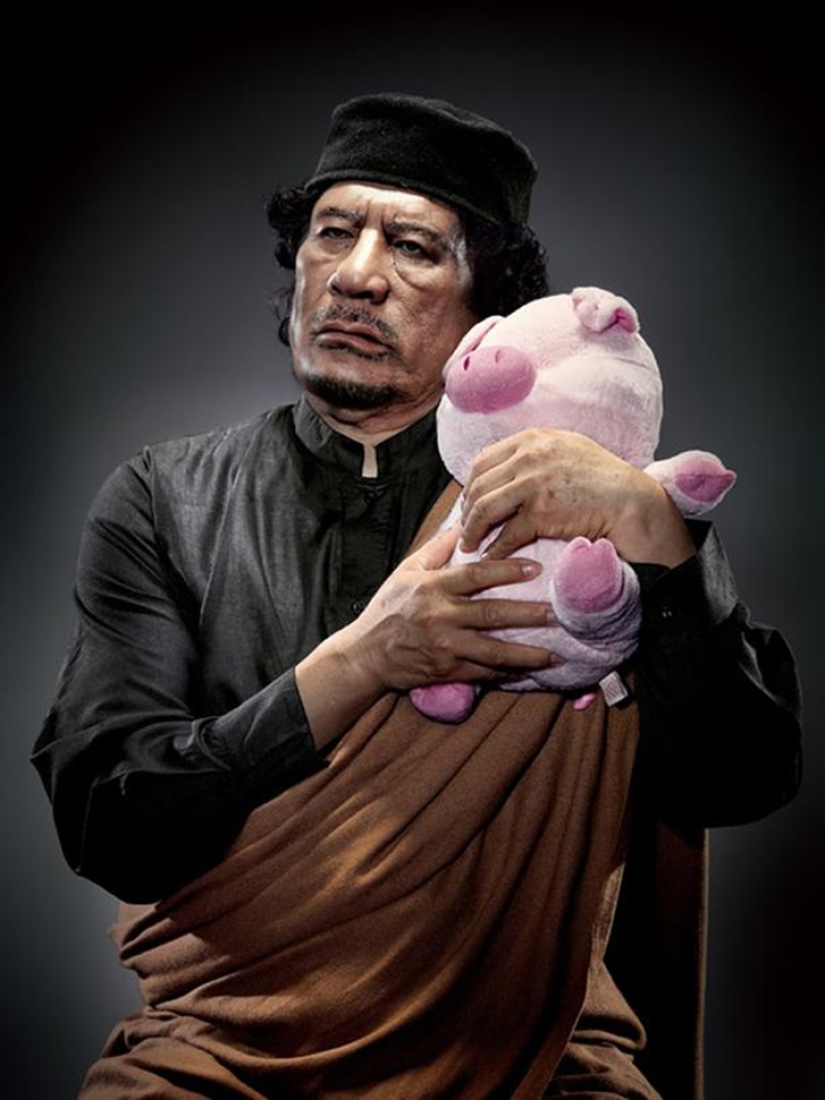 Portraits of world dictators hugging soft toys
