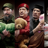 Portraits of world dictators hugging soft toys