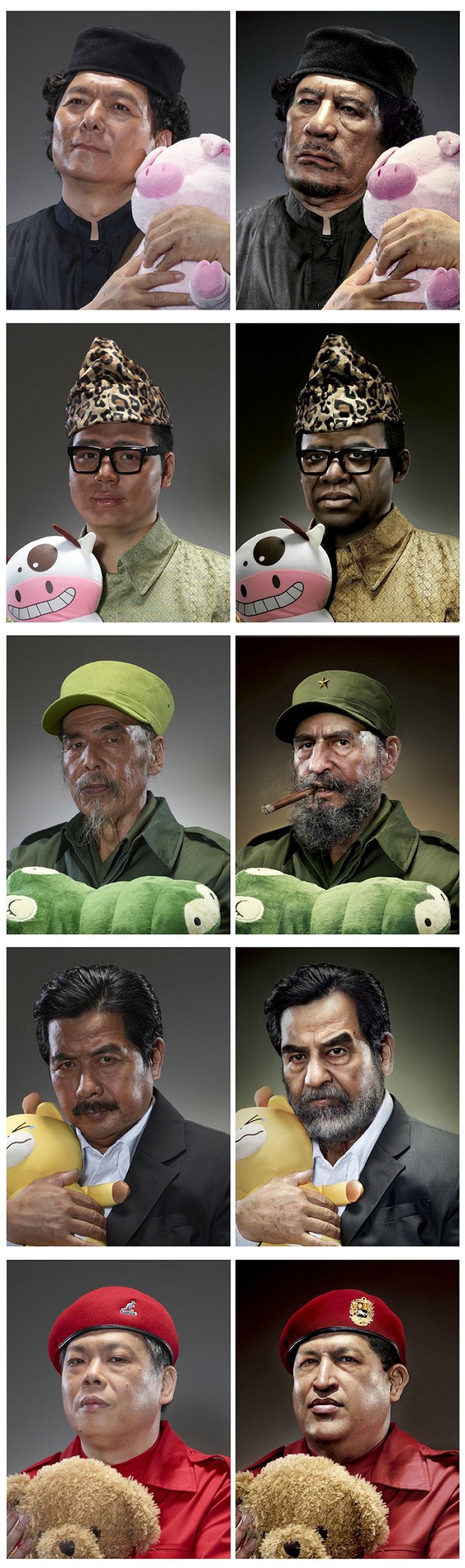Retratos de dictadores mundiales abrazando peluches
