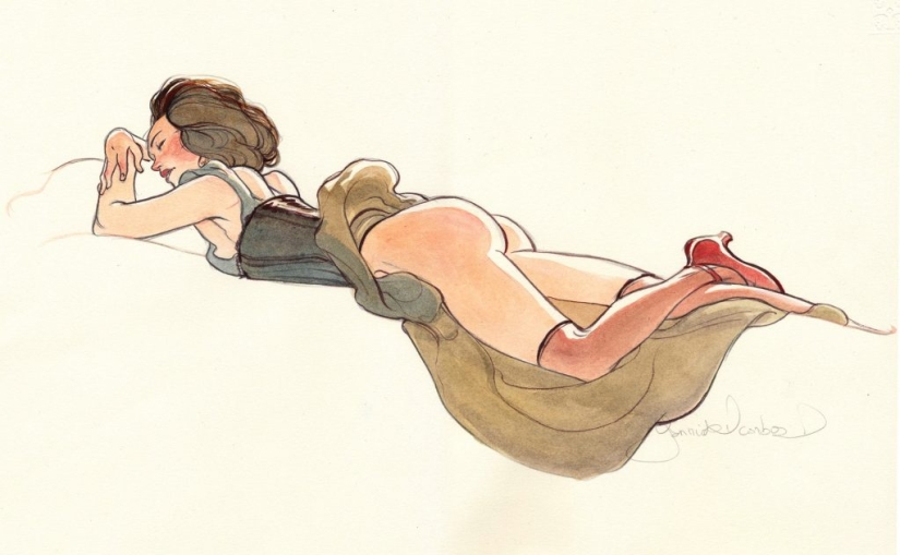 Sexy French women in watercolors by artist Yannick Corbeau