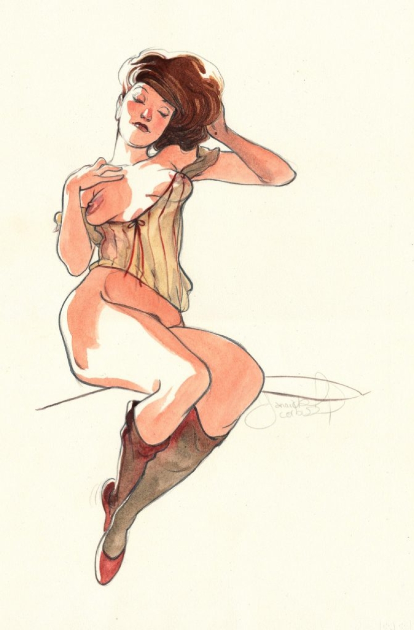 Sexy French women in watercolors by artist Yannick Corbeau