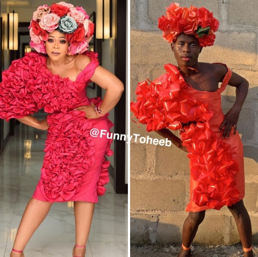 Take it off immediately! A guy from Africa copies the ridiculous outfits of the stars with the help of improvised materials