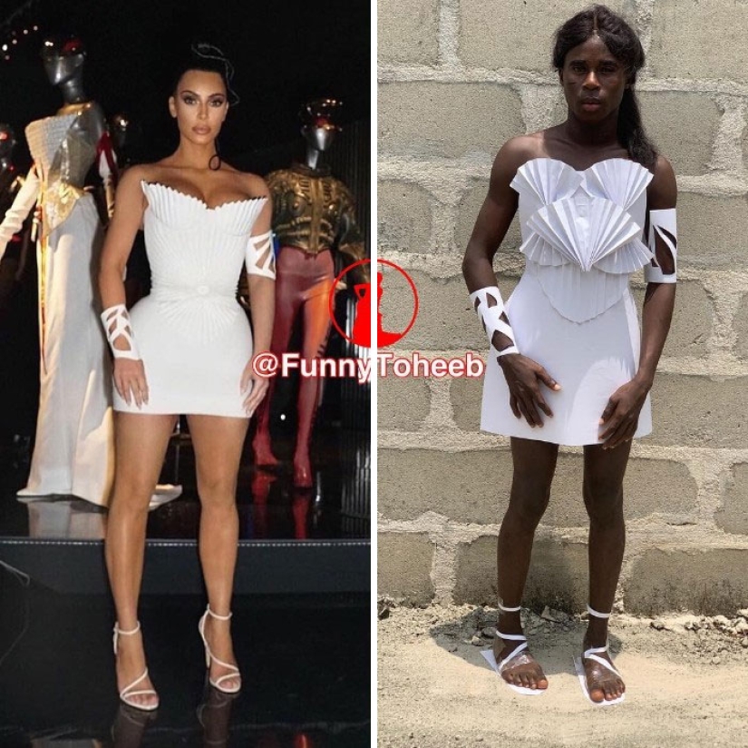 Take it off immediately! A guy from Africa copies the ridiculous outfits of the stars with the help of improvised materials