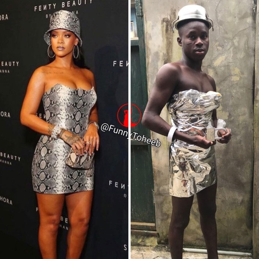 Take it off immediately! A guy from Africa copies the ridiculous outfits of the stars with the help of improvised materials