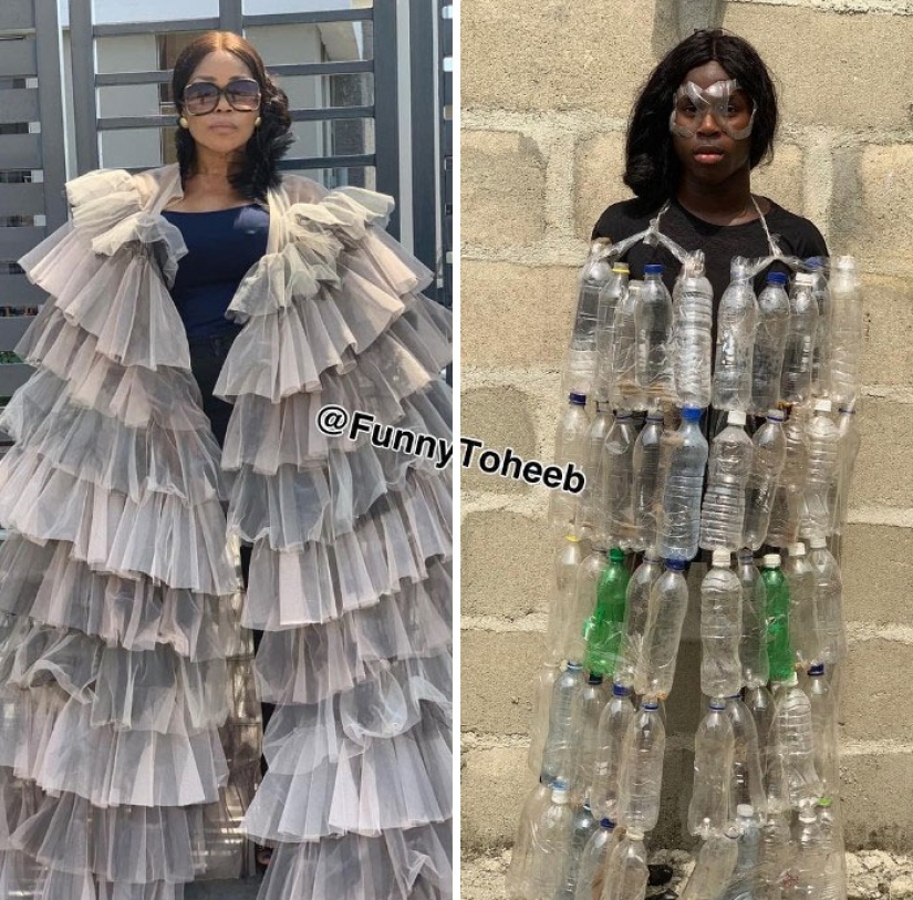 Take it off immediately! A guy from Africa copies the ridiculous outfits of the stars with the help of improvised materials