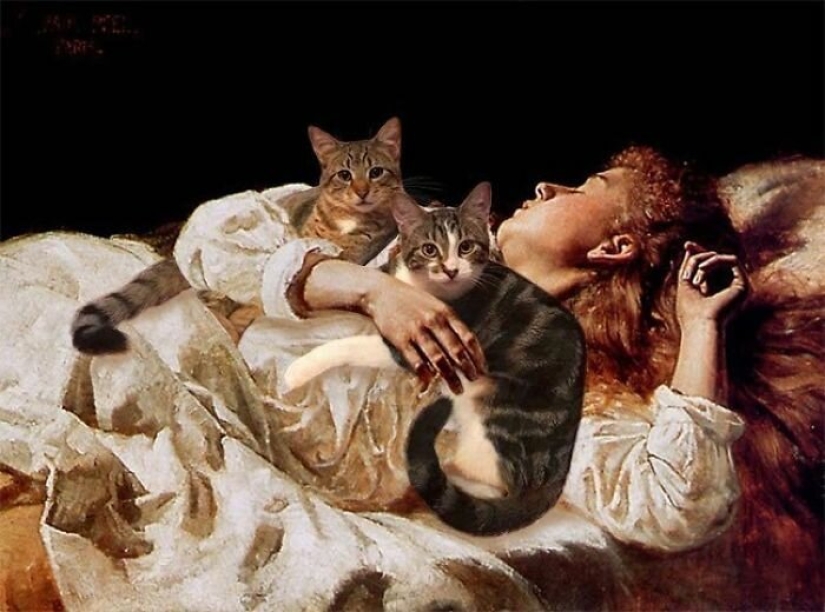 The artist made the paintings of the old masters even better by adding cats there