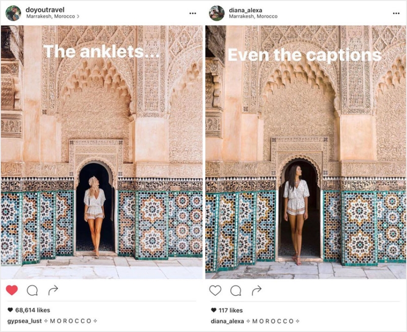 The couple discovered that someone was copying their pictures exactly from their trips to Instagram