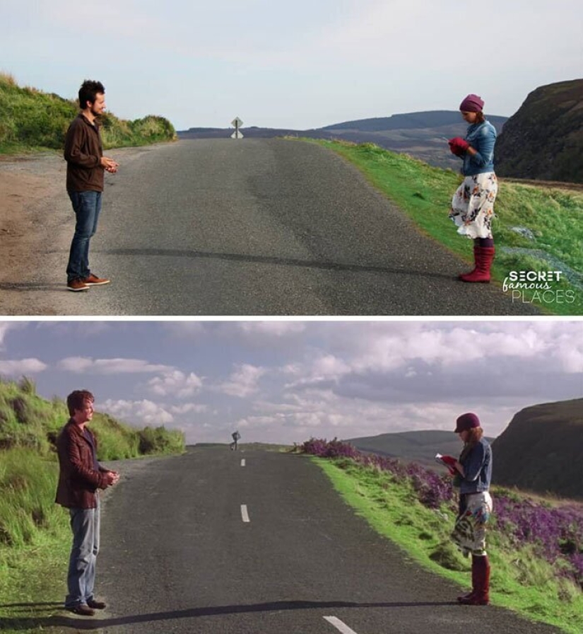 The couple travels around the world and recreates scenes from films in the filming locations