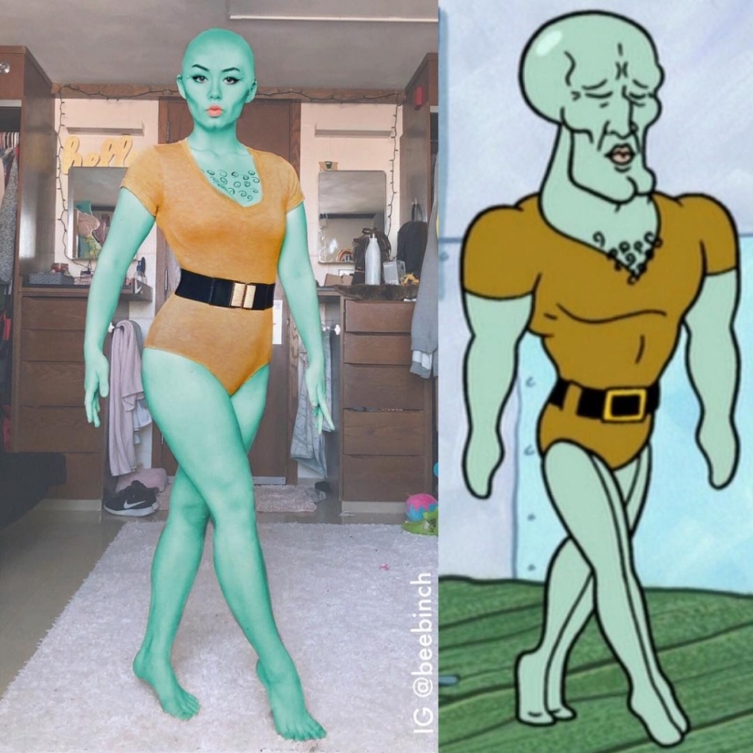 The girl cosplays the heroes of "SpongeBob", but it still turns out hot