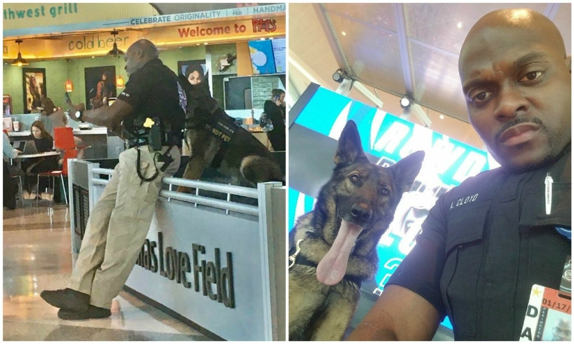 The girl noticed how a policeman at the airport takes a selfie with a service dog