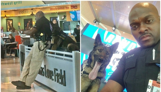 The girl noticed how a policeman at the airport takes a selfie with a service dog