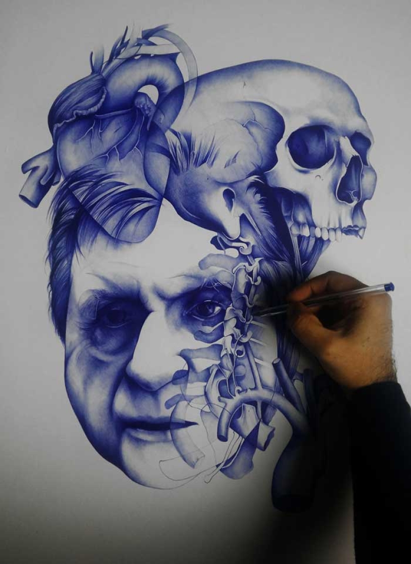 The guy draws with a simple ballpoint pen, and it turns out almost a photo