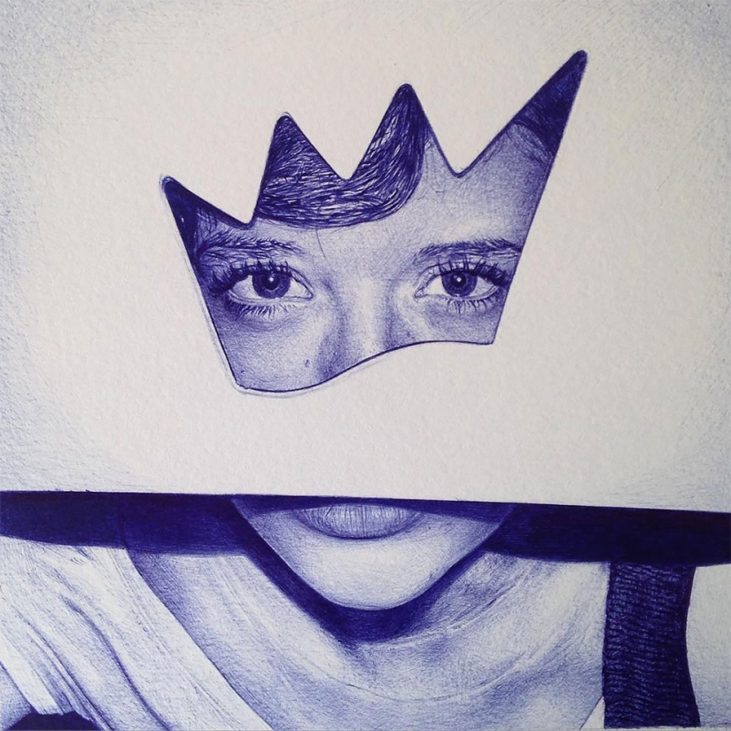 The superiority of blue: a young man writes fascinating pictures with a ballpoint pen