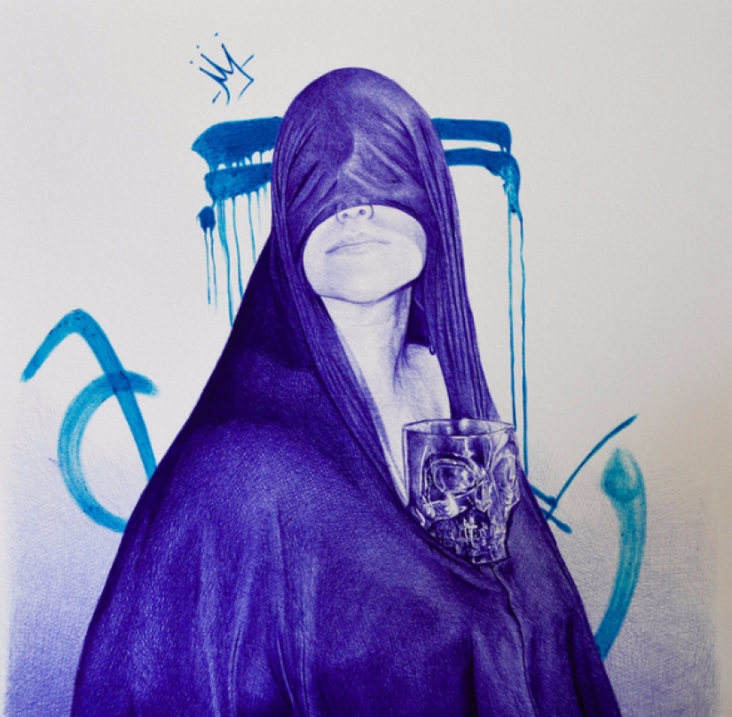 The superiority of blue: a young man writes fascinating pictures with a ballpoint pen