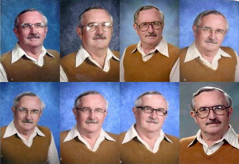 The teacher has been wearing the same outfit for taking pictures with the class for 40 years in a row