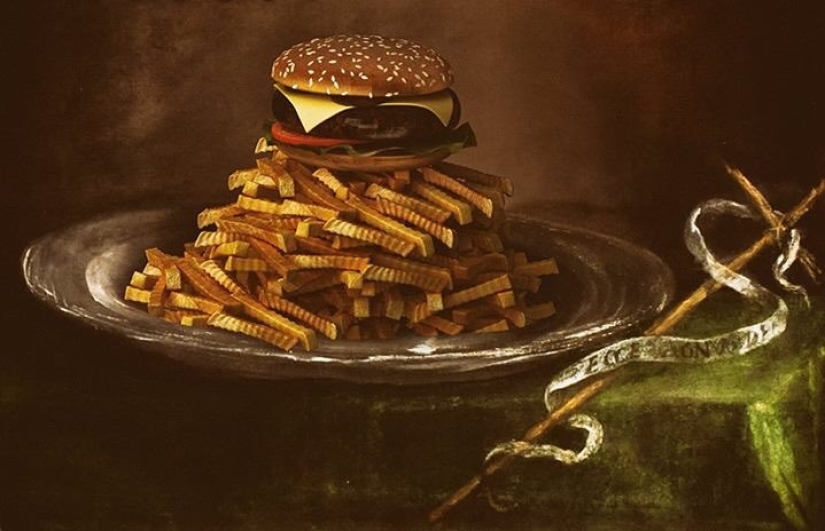 "Tu hamburguesa, Madonna": los héroes de los lienzos renacentistas devoran montañas de comida rápida