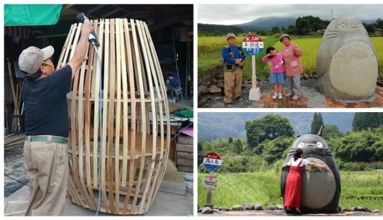 Un abuelo y una abuela de Japón construyeron una parada en forma de Totoro para su nieta