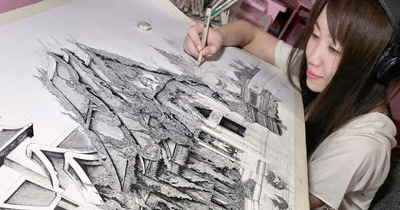 Una chica encantadora de Japón dibuja arquitectura, y es - ¡guau!
