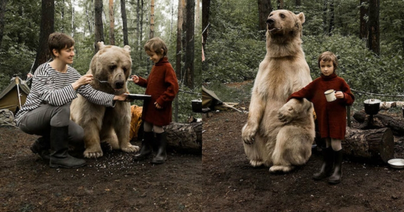 Una familia rusa se hizo amiga de un oso en el bosque para una campaña contra la caza