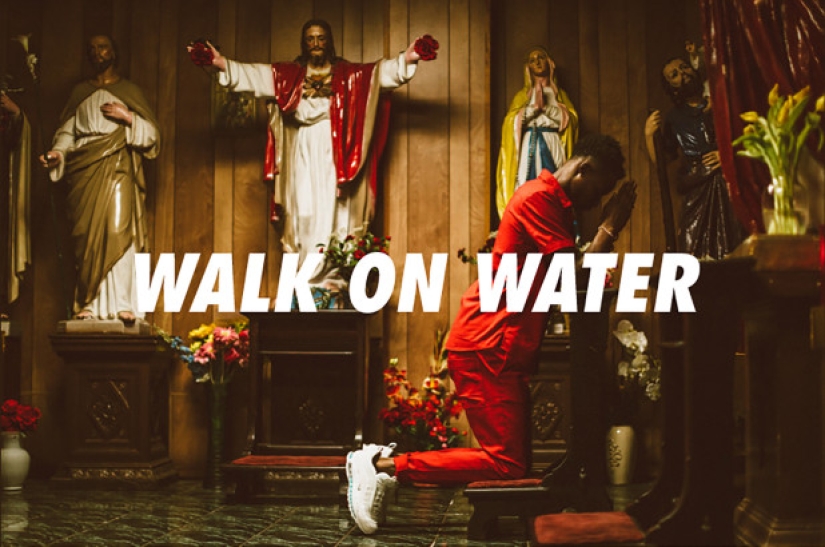 "Walk on water": Jesus Christ collage sneakers with a sole filled with water from Jordan