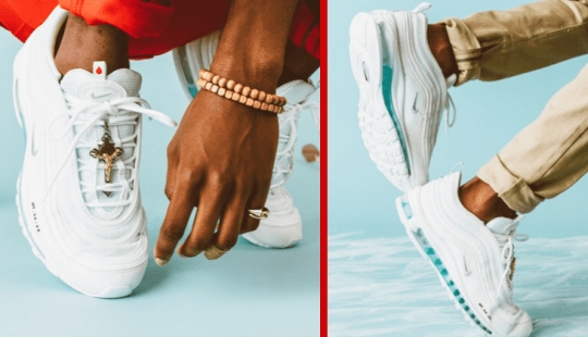 "Walk on water": Jesus Christ collage sneakers with a sole filled with water from Jordan