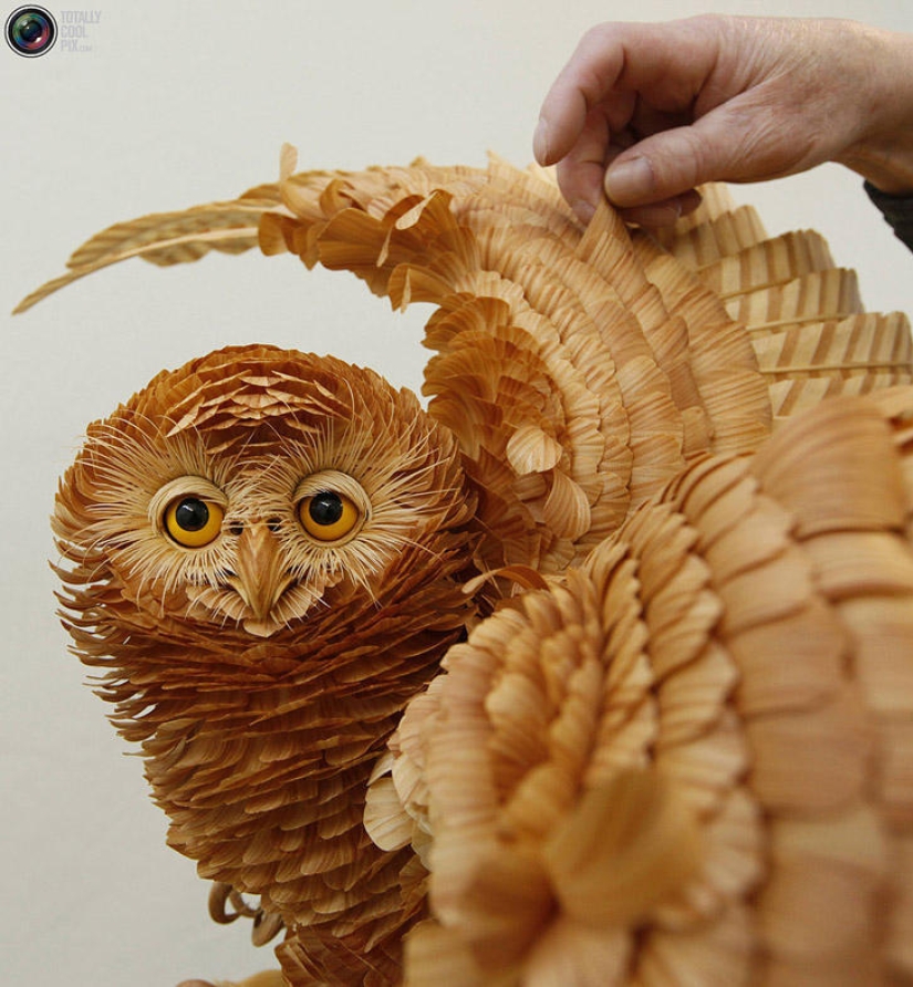 What do unique sculptures made of wood shavings look like