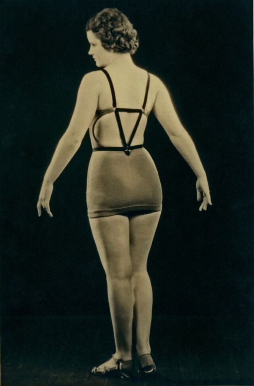 What women's swimwear from a fashion designer of the 1930s looked like