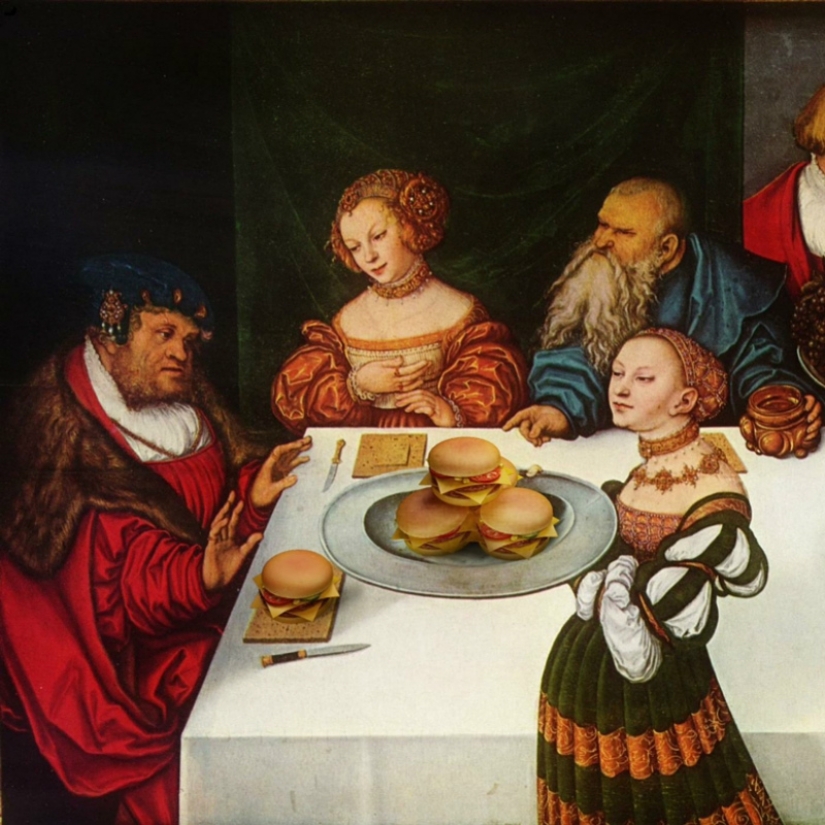 "Your burger, Madonna": heroes of Renaissance canvases devour mountains of fast food