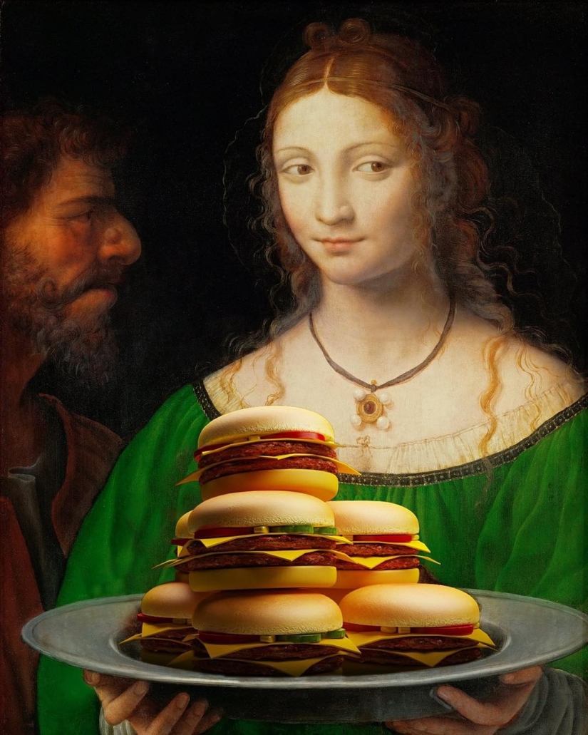 "Your burger, Madonna": heroes of Renaissance canvases devour mountains of fast food