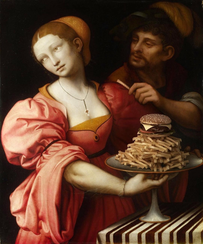 "Your burger, Madonna": heroes of Renaissance canvases devour mountains of fast food