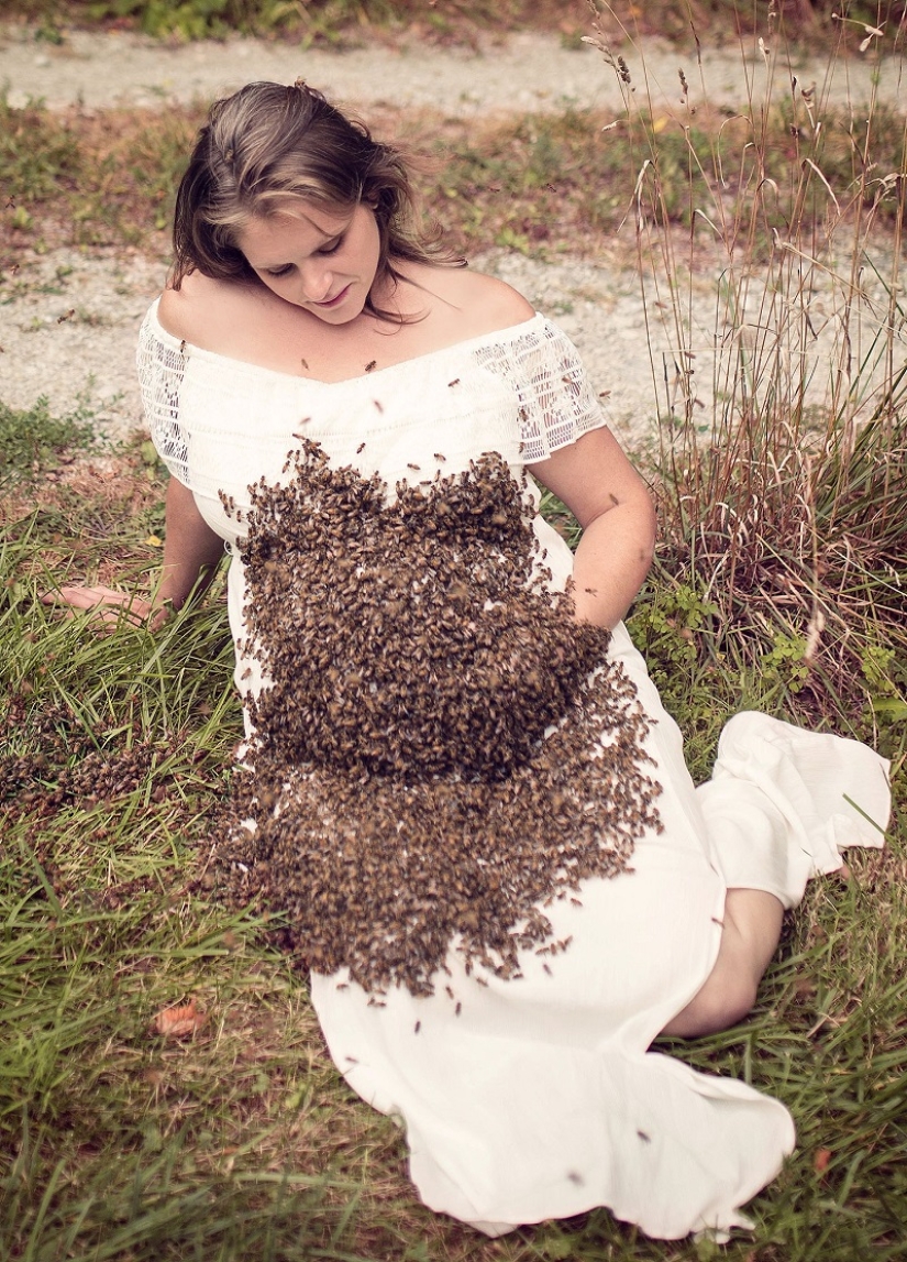 Zhu-zhu-fotos espeluznantes: una mujer estadounidense embarazada organizó una sesión de fotos con un enjambre de abejas