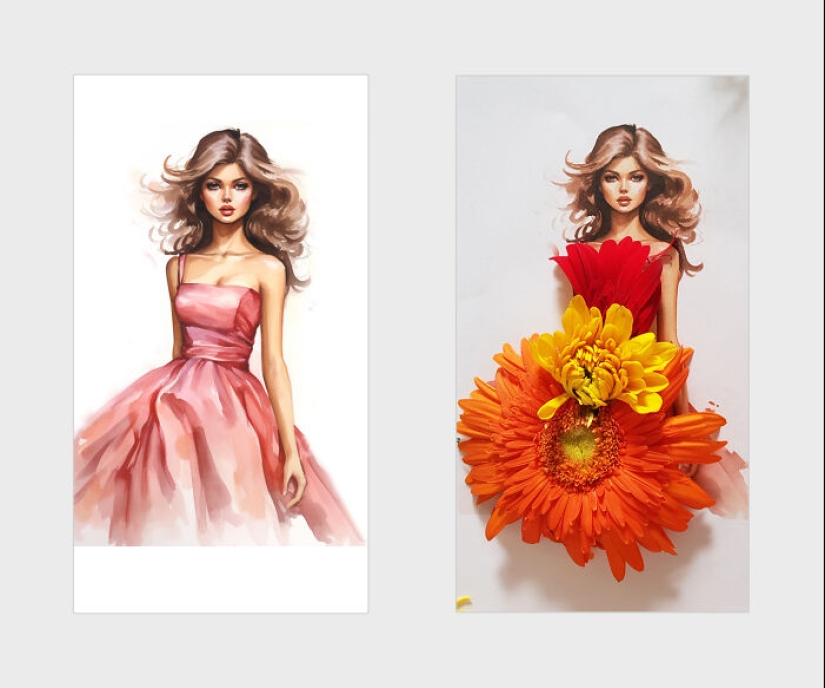 Agregué pétalos de flores y hojas a hermosas ilustraciones, aquí está el resultado (14 fotos)
