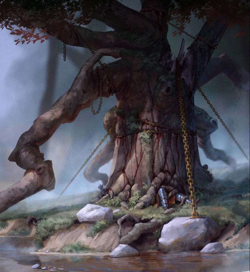 "An oak tree was cut down near Lukomorye": dark fantasy art