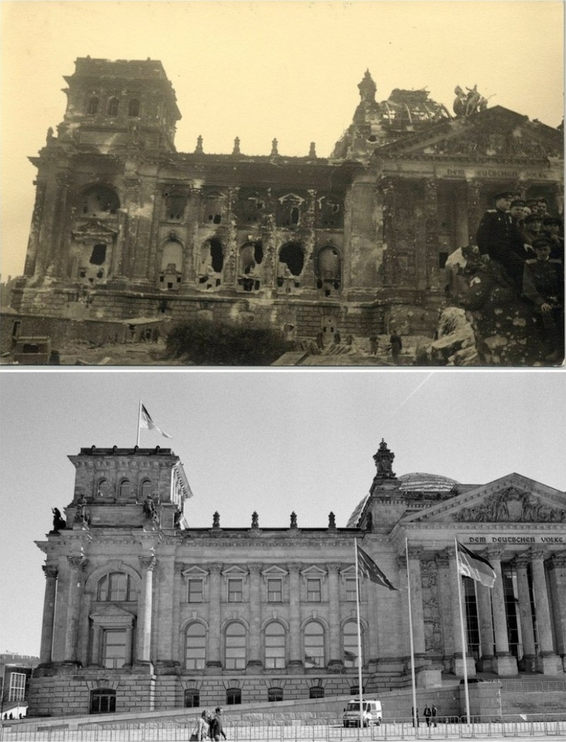 Berlin in ruins in 1945 and now. Striking image comparison