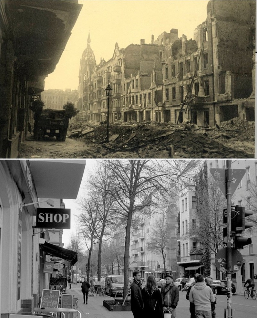 Berlin in ruins in 1945 and now. Striking image comparison