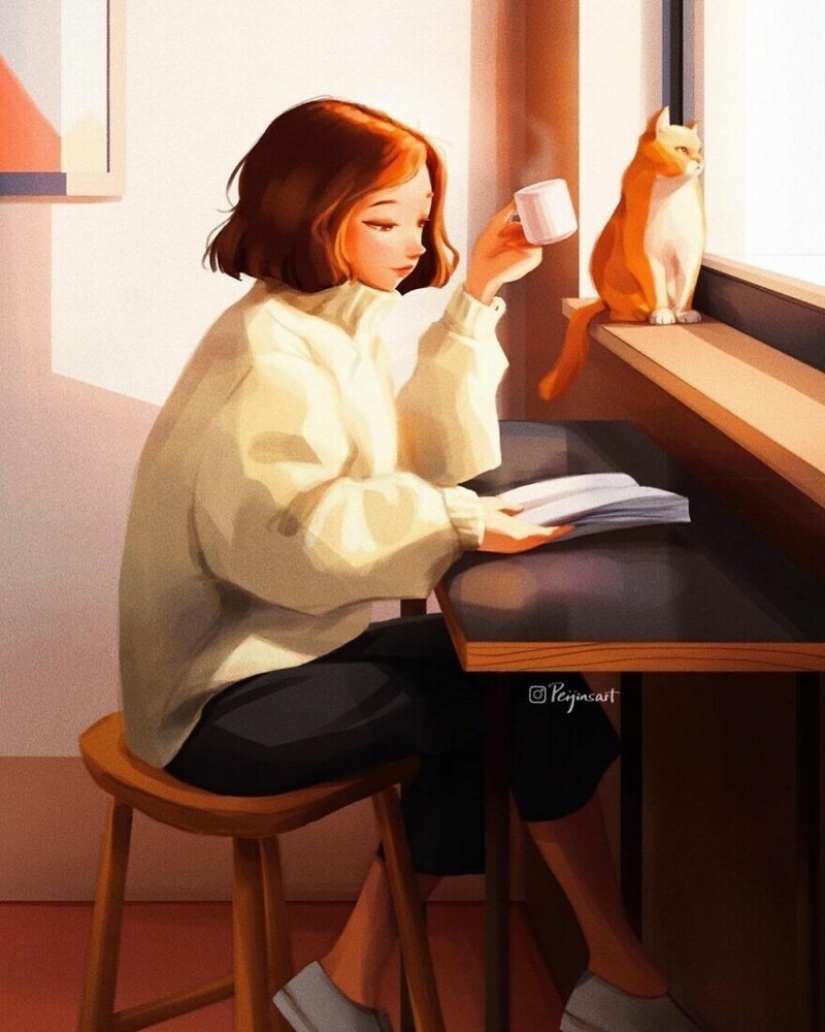 Cute drawings of a girl under the nickname Peijin about how animals improve our lives